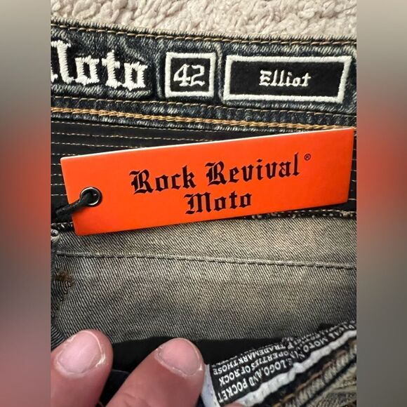 Rock Revival Moto Biker Distressed Tapered Leg Jeans “Elliot” - Picture 7 of 12